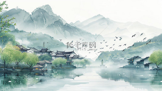 水墨高山水乡合成创意素材背景