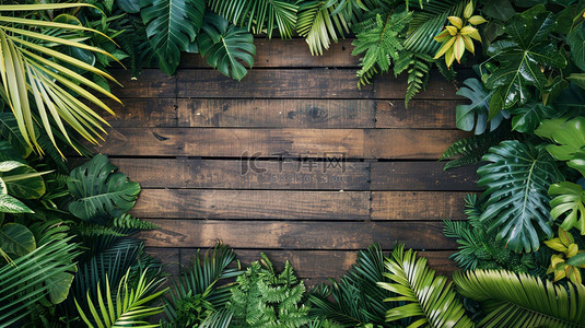 木板纹理绿叶合成创意素材背景