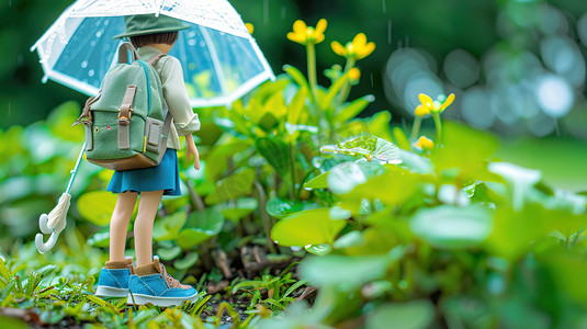 青青花草地里撑着雨伞的孩子图片