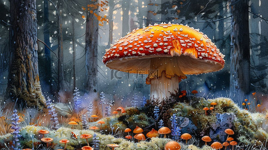 森林蘑菇画作合成创意素材背景