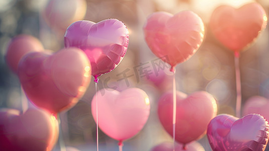 一束氢气球摄影照片_粉色心形气球图片