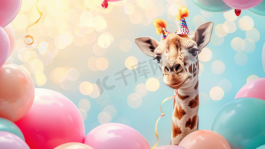 一束氢气球摄影照片_可爱动物和气球生日派对图片