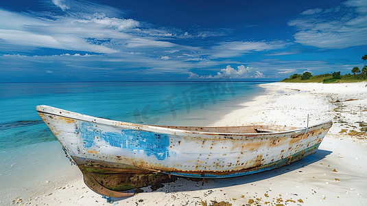 海洋卡通摄影照片_蔚蓝的海边沙滩上的一条小船图片