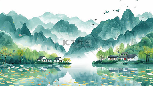 水墨高山水乡合成创意素材背景