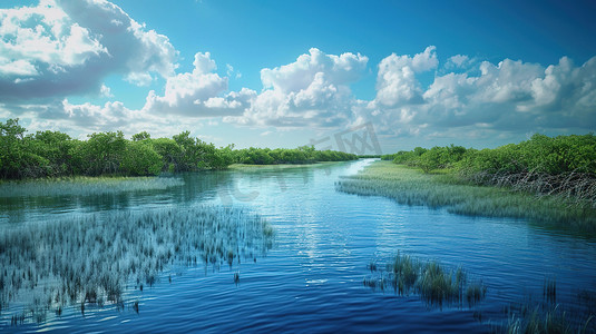 蓝色淡水河口全景图片