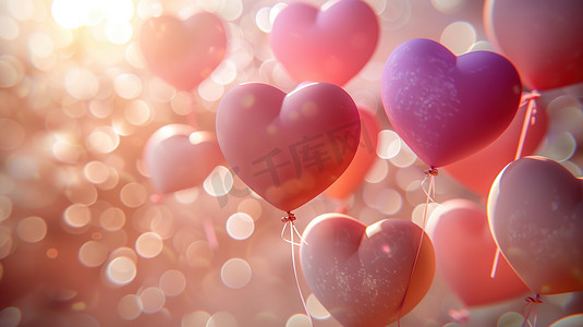 一束氢气球摄影照片_粉色心形气球图片