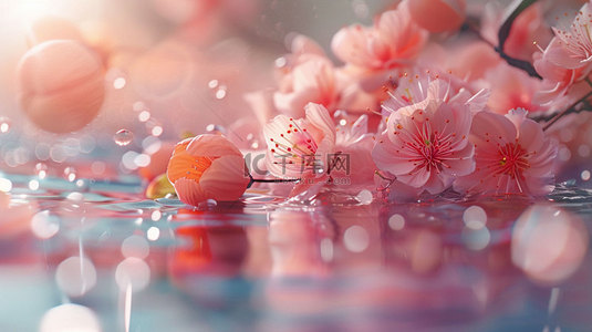 桃花背景图片_桃花桃子水面合成创意素材背景