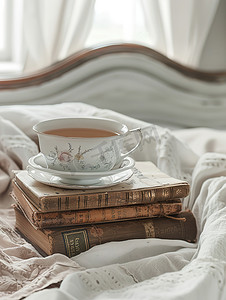 床上书本上的一杯茶复古高清摄影图