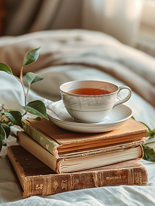 床上书本上的一杯茶复古照片