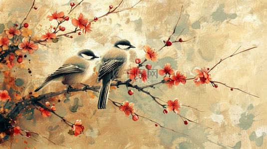 成双喜鹊背景图片_喜鹊树枝鲜花合成创意素材背景
