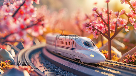 樱花列车模型合成创意素材背景