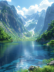 青山湖泊绿水蓝天摄影图