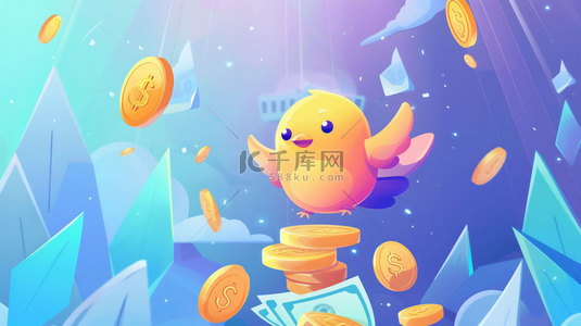 卡通金币小鸟合成创意素材背景