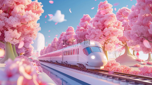 樱花背景图片_樱花列车模型合成创意素材背景