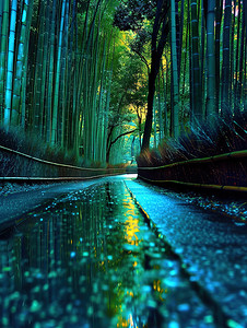 绿竹林中的雨后小路图片
