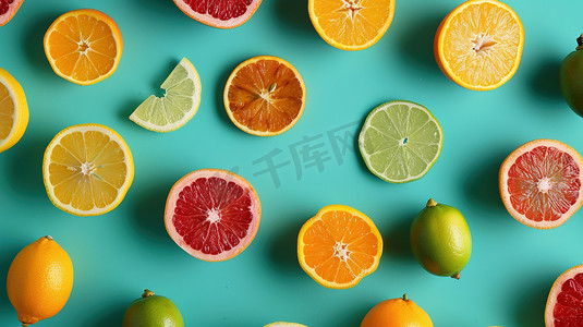 切片水果摄影照片_青蓝背景上的柠檬西柚切片图片