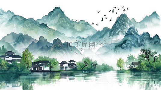 水墨背景图片_水墨高山水乡合成创意素材背景