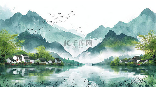 水墨高山水乡合成创意素材背景