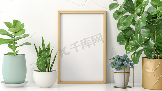 简约清新绿植清新摄影照片_绿植盆栽装饰的木质展示框图片