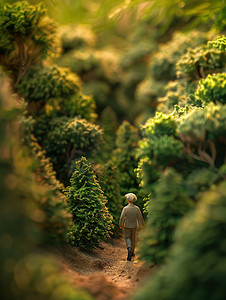 小路图片摄影照片_灌木丛的小路上的一个戴着帽子的人图片