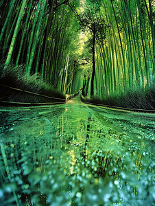 绿竹林中的雨后小路图片