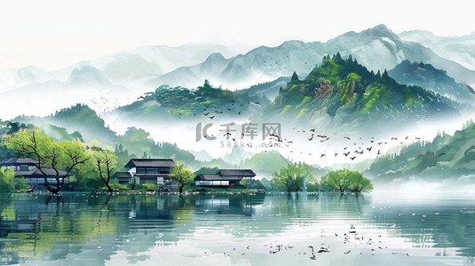 水墨高山背景图片_水墨高山水乡合成创意素材背景