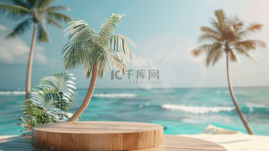 度假沙滩背景背景图片_蓝色夏季清凉海边沙滩圆柱电商展台背景