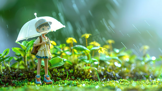 青青花草地里撑着雨伞的孩子图片