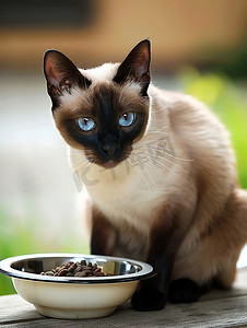 暹罗猫和碗里的猫粮摄影照片