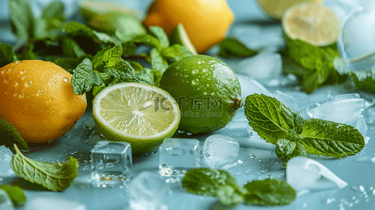冰块水果背景图片_蓝色夏季清凉冰块柠檬背景