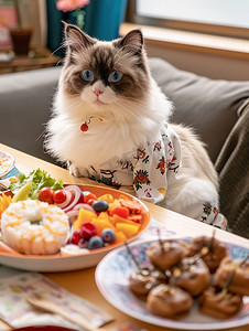 丰盛美食前的猫咪摄影照片