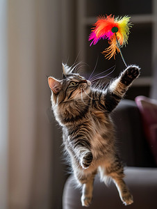 摄影照片_一只猫在玩羽毛逗猫棒摄影图