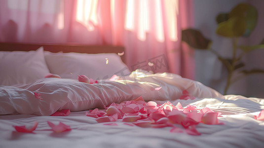 阳光床铺花瓣浪漫摄影照片