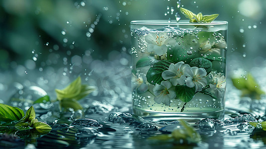 玻璃器皿花朵雨水摄影照片