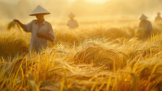 阳光下金黄稻田里干农化的农民图片