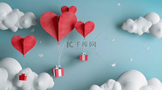 七夕背景图片_纸艺风格的空中红色气球与礼物背景