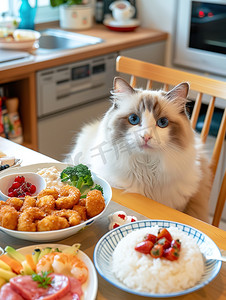 丰盛美食前的猫咪高清图片