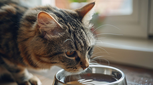 猫咪在喝碗里的水摄影配图