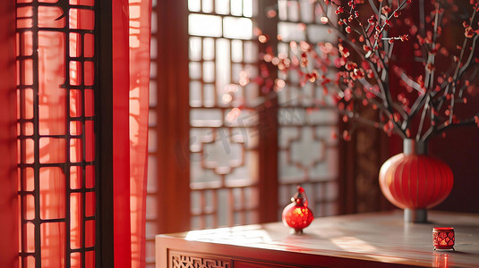 红色灯笼盆栽木窗摄影照片