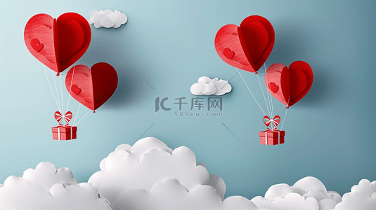 纸艺风格的空中红色气球与礼物背景