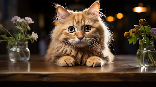 摄影照片_桌子上的一只可爱猫咪摄影图