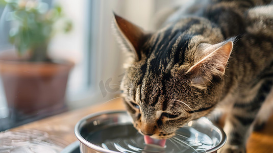 摄影照片_猫咪在喝碗里的水高清摄影图