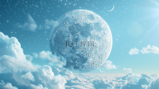 白月背景图片_蓝天白云中的月球背景