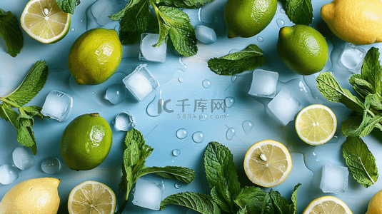 蓝色夏季清凉冰块柠檬背景