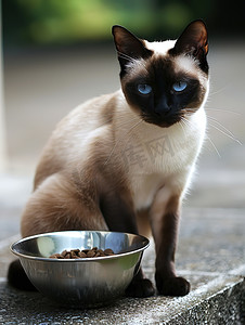 暹罗猫和碗里的猫粮照片