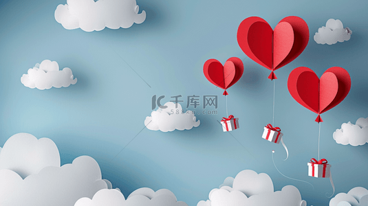 七夕背景图片_纸艺风格的空中红色气球与礼物背景