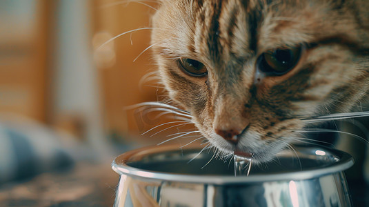 猫咪在喝碗里的水摄影图