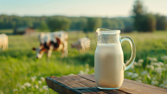 买二送一牛奶摄影照片_野外木桌奶牛牛奶摄影照片