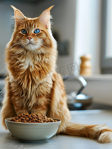 可爱美丽的橘猫和猫粮高清图片