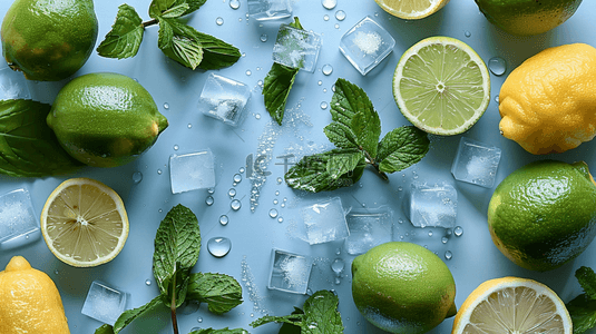夏季背景图片_蓝色夏季清凉冰块柠檬背景